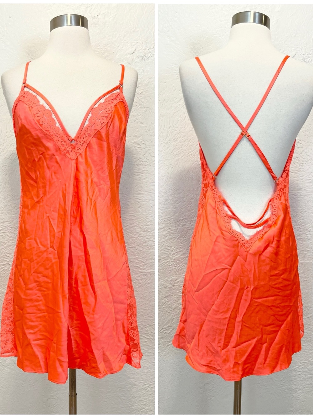 Victoria's Secret Slip Dress Chemise Lingerie Neon Orange Satin Lace Backless L